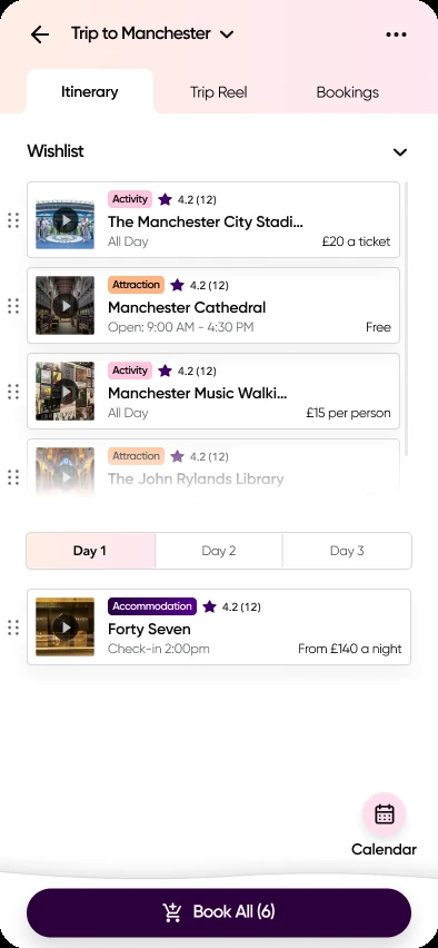 A Manchester trip in the Super Reel Travel app, ready to book